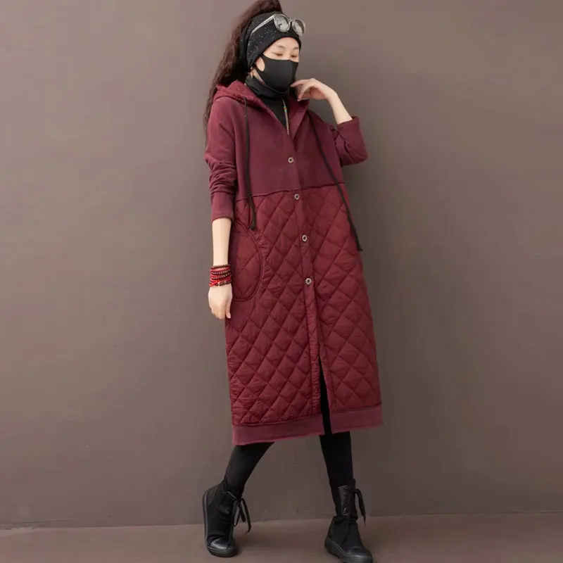 

2019 Winter Style Solid Color Literature And Art Joint X-long Hooded Large Size WOMEN'S Cotton Padded Clothing