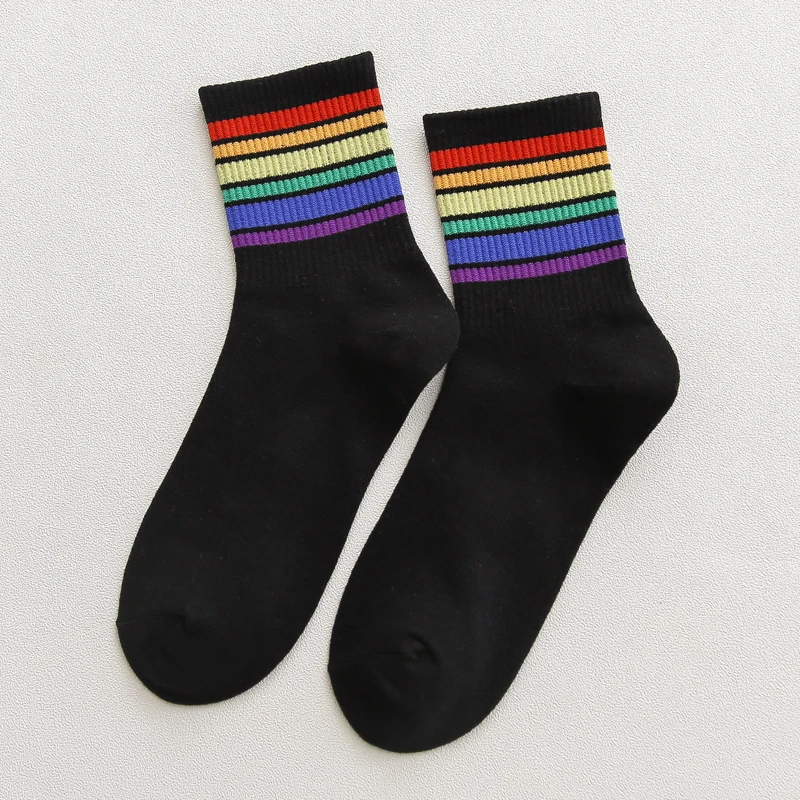 Black Mid Унисекс полосатые женские носки средней длины Harajuku цветные забавные Женские носочки 100 хлопок 1 пара Kawaii цвет радуги Размер 35-42 - Цвет: Black Mid