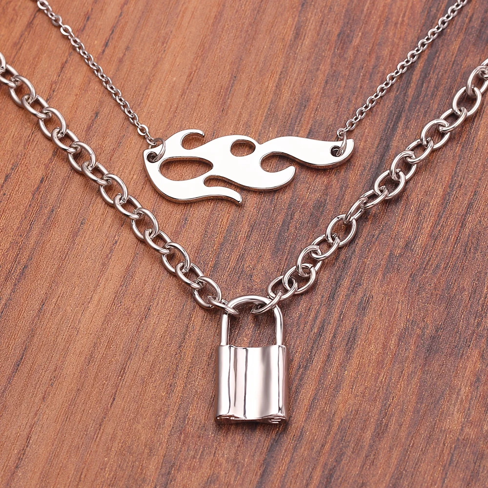 

Fashion Lock Flame Double Layer Necklaces Harajuku Streetwear Flame Unisex Necklace Hip Hop Lock Chain Choker Clavicle Necklace