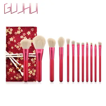 

12 Pcs/set Fashion Red Makeup Brush Nylon Fiber Wooden Handle Powder Brush Cherry Blossom Brush Bag Cosmetics Tool Accessories