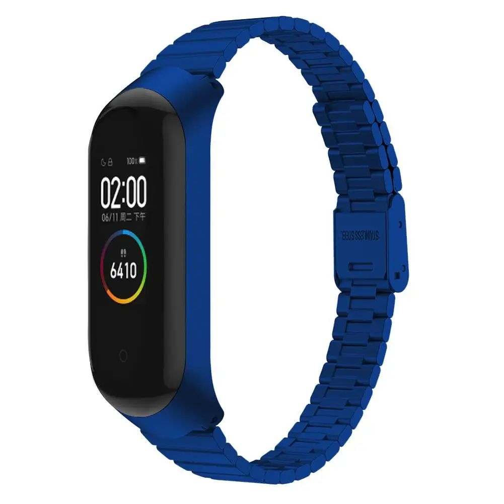 Blue Сменный соединитель из нержавеющей стали браслет ремешок с металлическим чехлом для Xiaomi Mi Band 3 4 браслет ремешок аксессуары - Цвет: Blue