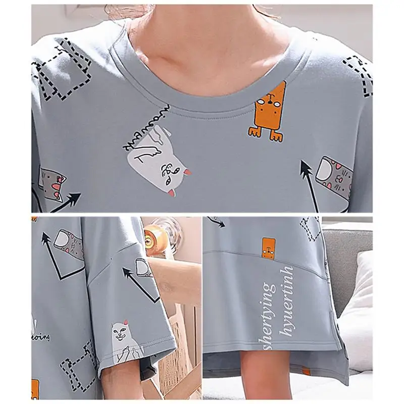 Новые милые женские летние хлопковые пижамы модные удобные мягкие с коротким рукавом с круглым воротом с принтом короткое платье для сна лучший подарок
