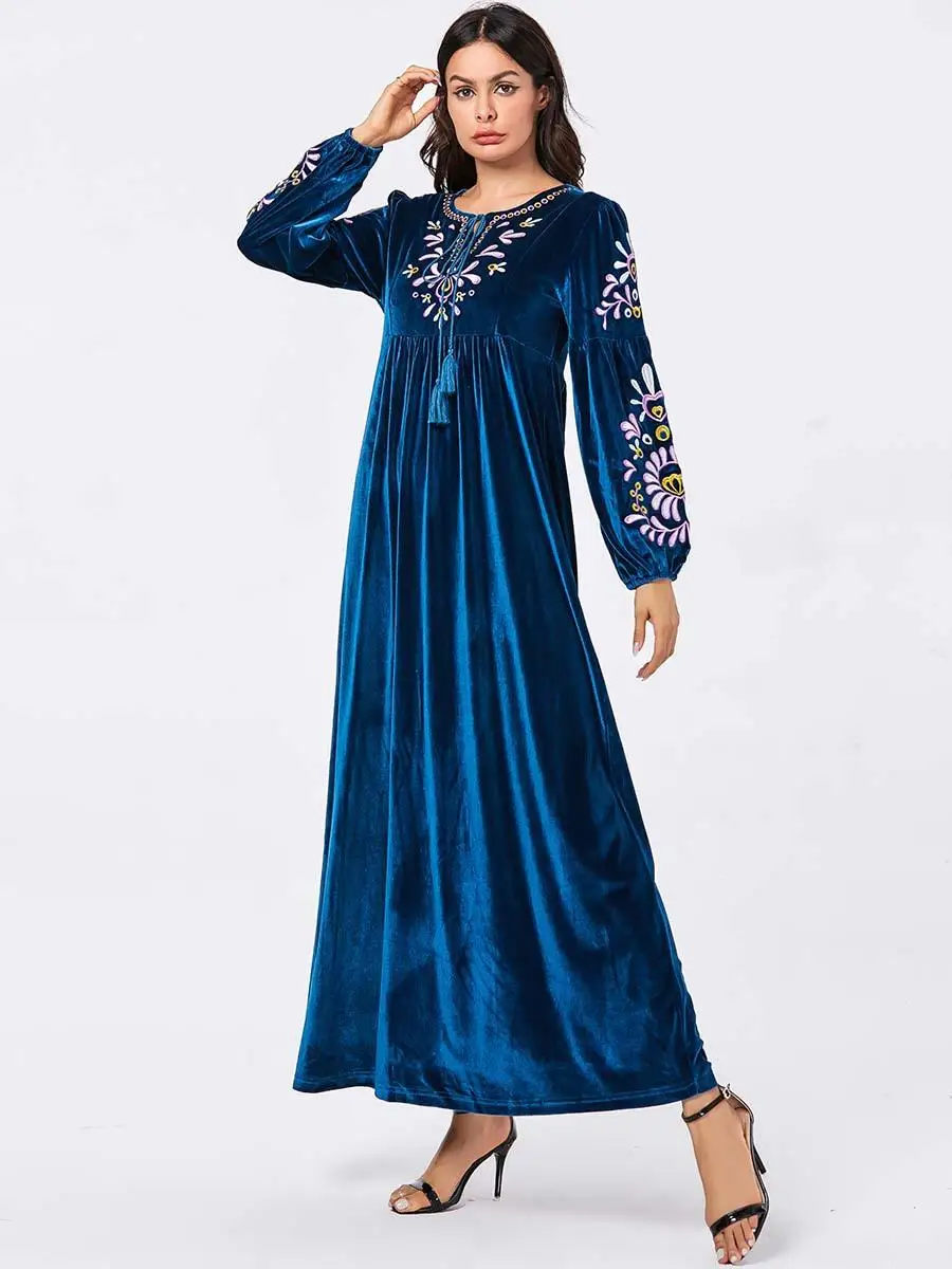 Цветочные abaya женские мусульманские длинные платья с длинным рукавом бархатная вышивка кафтан jilbaw винтажная Исламская свободная одежда