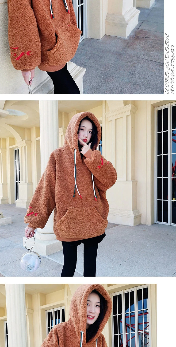 Faux Lambs Wool Hoodies Sweatshirts Women Hooded Long Sleeve Pocket Letter Autumn Winter Pullovers Warm Oversized Outwear W245