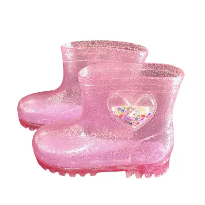 Детский светодиодный симфония мигающий водонепроницаемый Любовь дождь сапоги маленькая девочка желе скольжения принцесса детские короткие сапоги Детская водонепроницаемая обувь - Цвет: Розовый