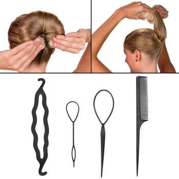 

4 Pcs/set Magic Hair Braid Accessories Ponytail Creator DIY Hair Styling Tools Hair Bands for Girls Bun Maker with Comb A Gift