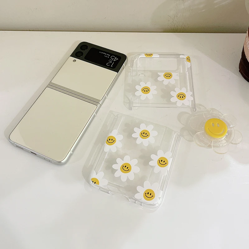 Beautiful Sunflower Phone Case For Samsung Galaxy Z Flip 3 Cute Smile Holder Clear Hard PC Cover Case For Samsung Z Flip3 Zflip3 kawaii samsung phone cases