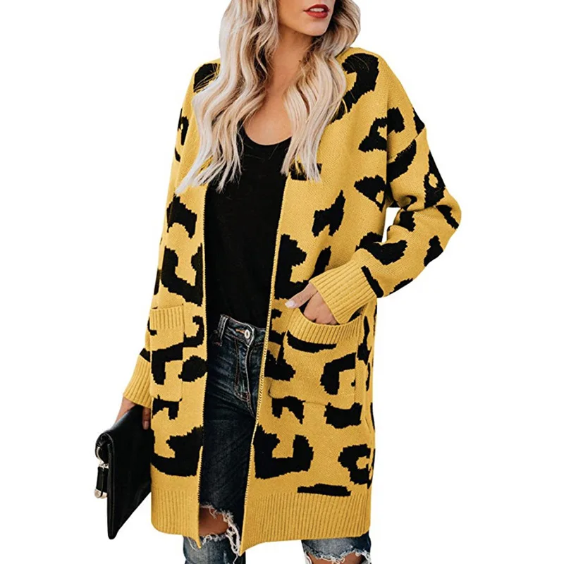 LOGAMI длинный кардиган для женщин леопардовые вязанные свитера кэжуал осень зима карман пальто женский кардиган