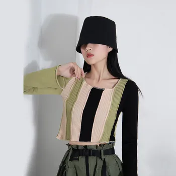 

LANMREM o-neck flare long-sleeved stripe patchwork Autumn New short knit green black contrast slimming color blouse women 2A1148