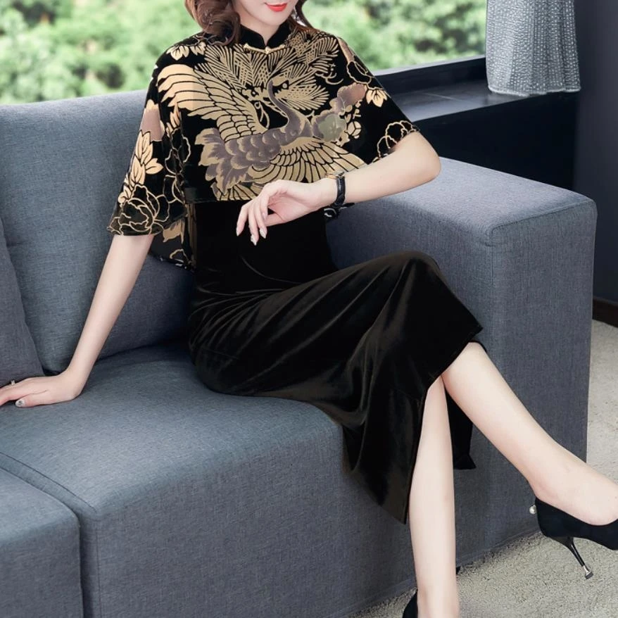 

2019 New Arrival Summer Cheongsam Nationality Golden Velvet Printed Wide Improvement Chinese Wind Dresses Vintage Cloak Sleeves