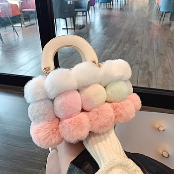 

Winter Luxury Faux Fur Candy Color Balls Cute Women Handbags and Purses Messenger Shoudler Bag Evening Clutch Bags