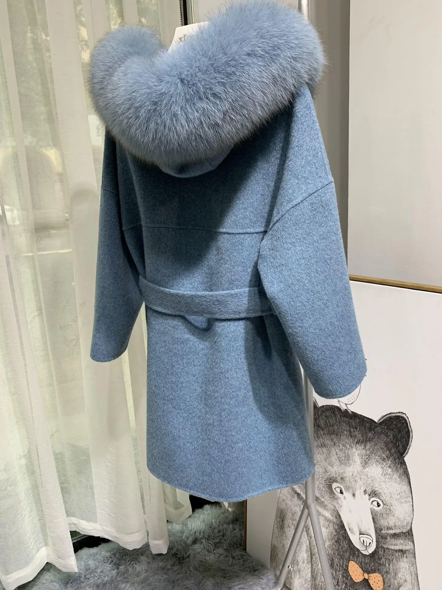 blue Лидер продаж, европейский стиль, элегантное женское кашемировое пальто, одноцветное, женский кардиган с поясом, верхняя одежда, натуральный Лисий мех, с капюшоном, шерстяные пальто - Цвет: blue