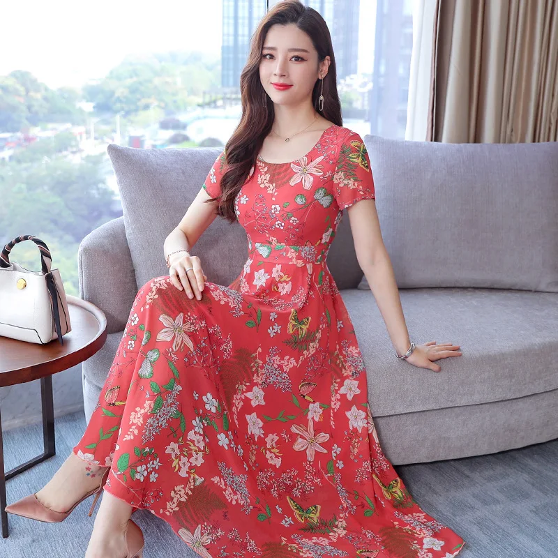 

2019 Summer New Style Dress WOMEN'S Short Sleeved Elegant Slimming Fashion Floral Crew Neck by Age Big Skirt