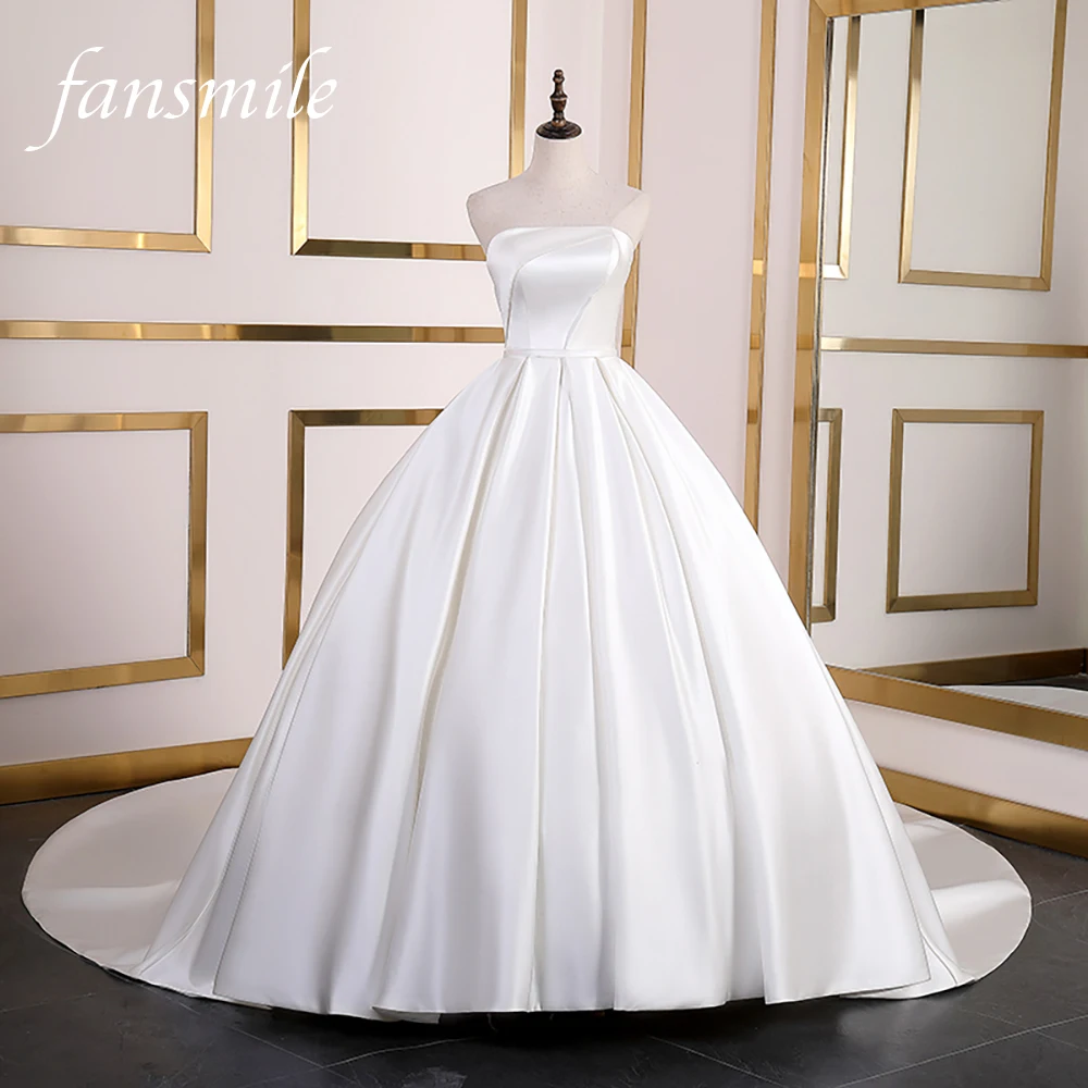 

Fansmile Luxury Satin Strapless Vestido De Noiva Wedding Dress 2020 Long Train Plus Size Wedding Gowns Bridal Dress FSM-104T