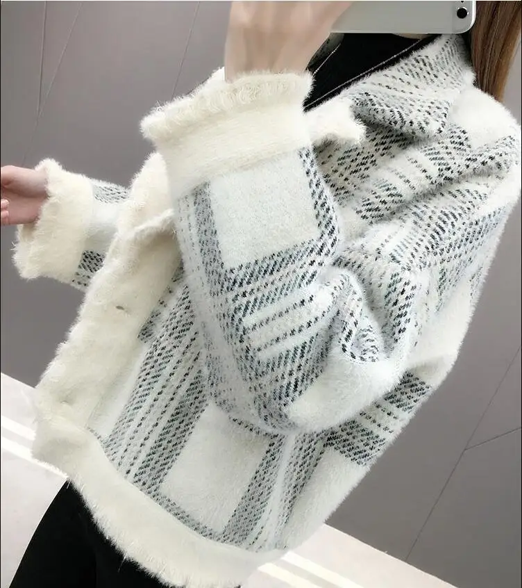 Короткий кардиган Femme Aututmn зимний трикотаж норковый кардиган свитер однобортный Свободный Повседневный плед куртка теплая верхняя одежда
