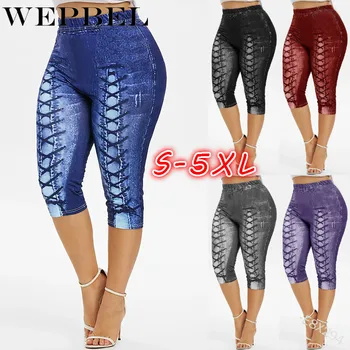 

WEPBEL Women's Casual Straight Pants Fashion Printed High Waist Elastic Waist Skinny Calf-Length Pants
