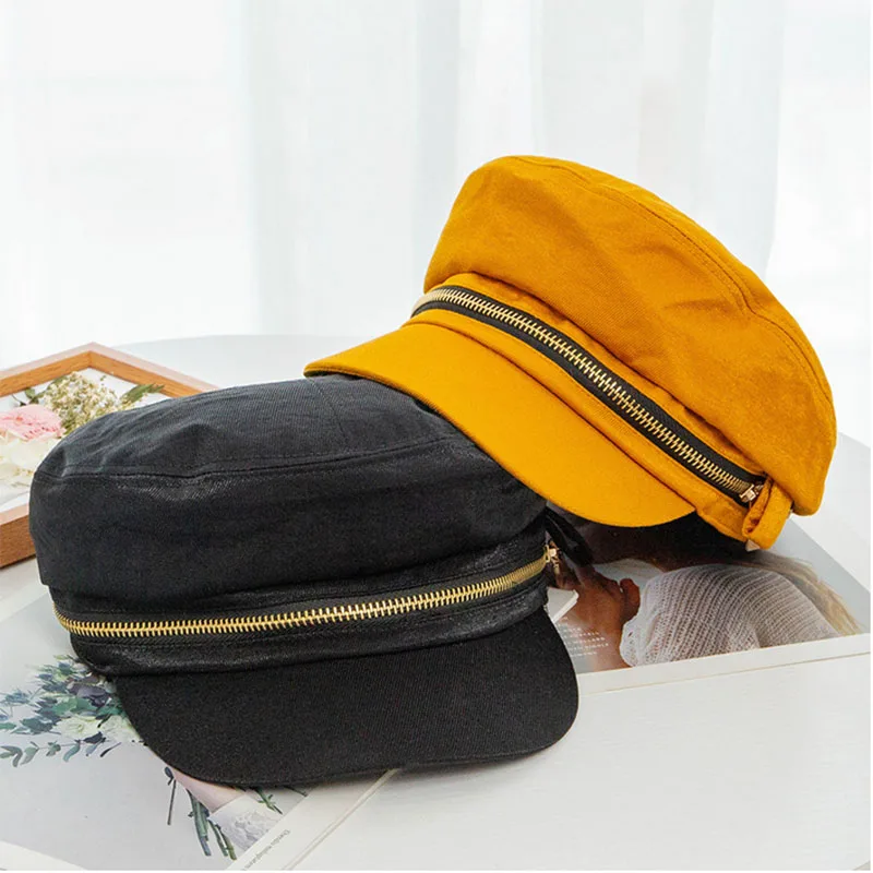SUOGRY New Fashion Men Women Hats Elegant Zipper Newsboy Cap Retro Artist Painter Hat Flat Top Sailor Captain's Cap Berets