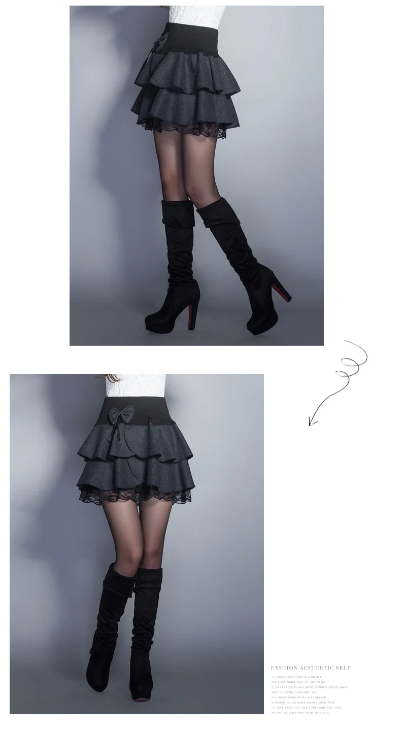 Autumn Winter Plaid Elastic Waist Thick Wool Mini Skirts Womens High Waist Fluffy Pleated Female Black Kawaii A Line Skirt C365