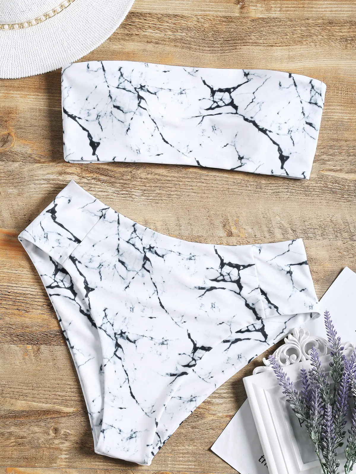 

ZAFUL Strapless Marble Print High Waisted Bathing Suit