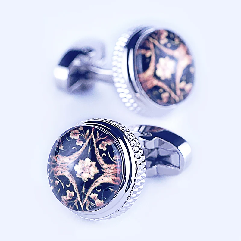 Silver Color Mechanical Back Round Brown Mysterious Pattern High Quality Men Cufflinks  Jewelry for Gift