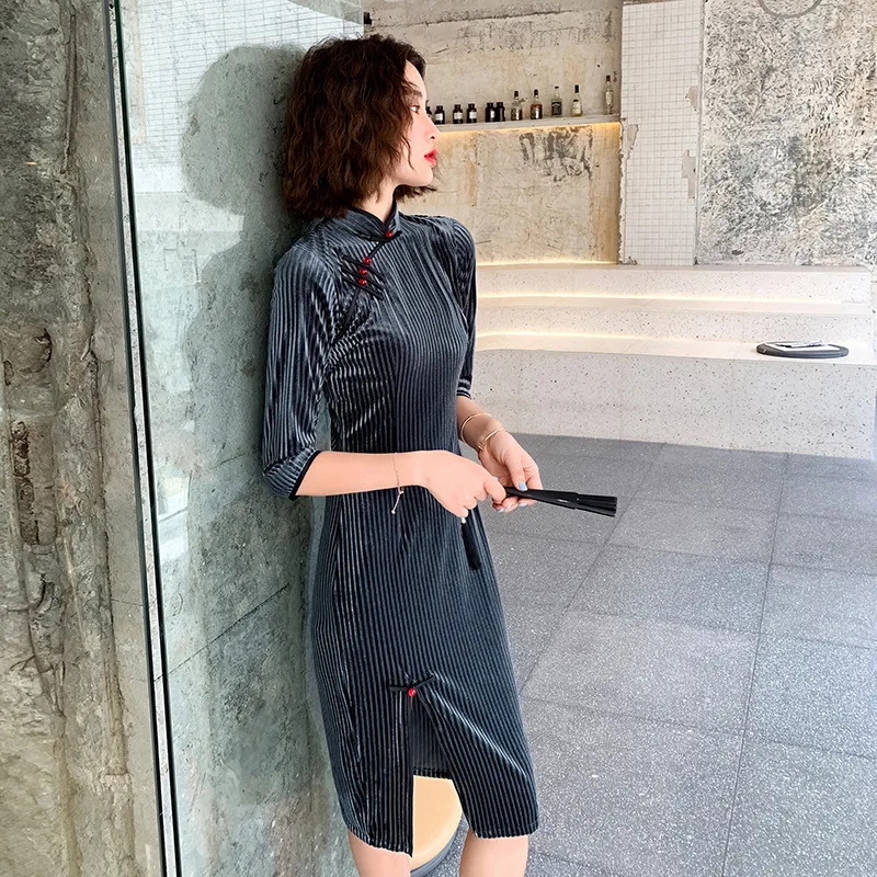 До колена Cheongsam элегантное улучшенное Qipao Vestidos Размер S-2XL винтажное бархатное женское вечернее платье