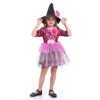 

Girl Witch Stage Performance Wearing Patchwork Witch Dress and Hat 2pcs Outfit for Halloween Theme Make Up Party Carnival Party