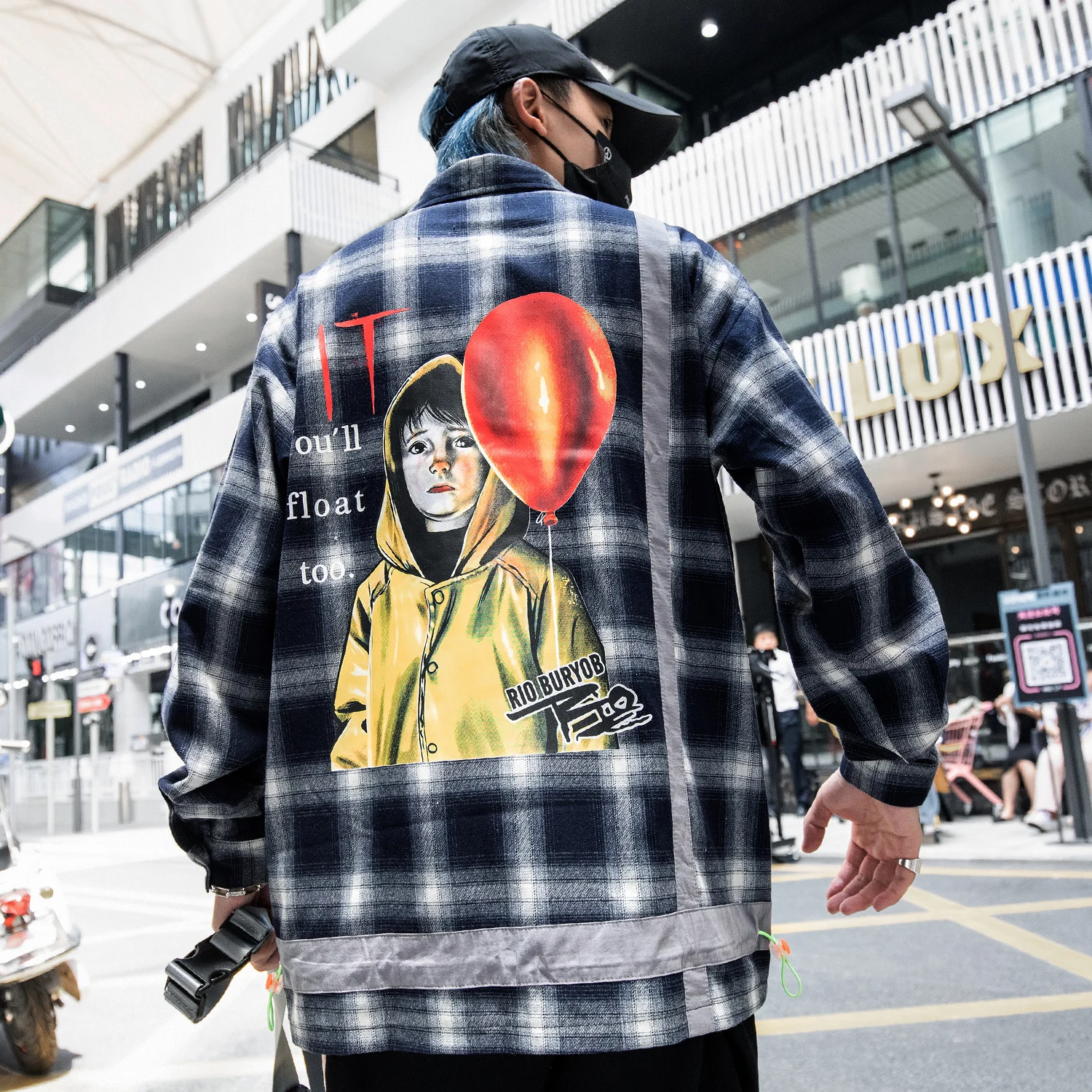 Aelfric Eden воздушный шар мальчик печатных клетчатые мужские рубашки Мода Harajuku уличная хип хоп Повседневная хлопковая верхняя одежда с длинными рукавами негабаритных