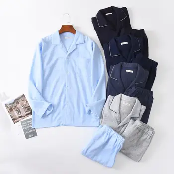 

Pajamas for men autumn Long sleeve Cotton stripe Cardigan Pajama set