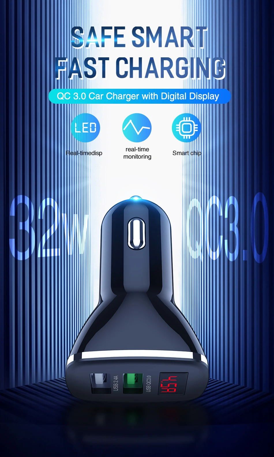 Автомобильное зарядное устройство QC 3,0 с двойным USB цифровым дисплеем для iPhone Xiaomi Mi 9 huawei P30 Pro, быстрое автомобильное зарядное устройство для телефона