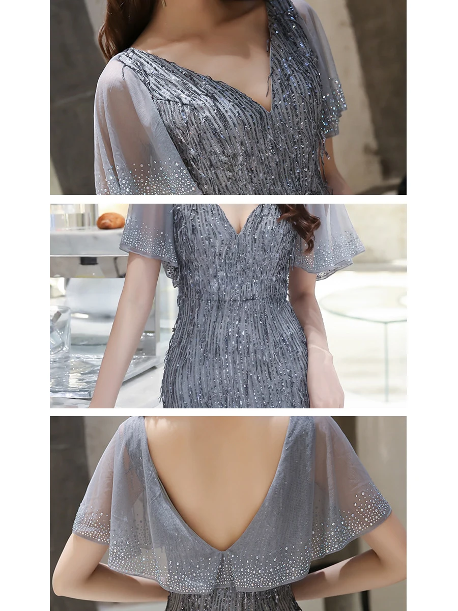 Это Yiiya вечернее платье Русалка v-образным вырезом блестками кисточкой Формальные Вечерние платья Длинные размера плюс короткий рукав robe de soiree E1425