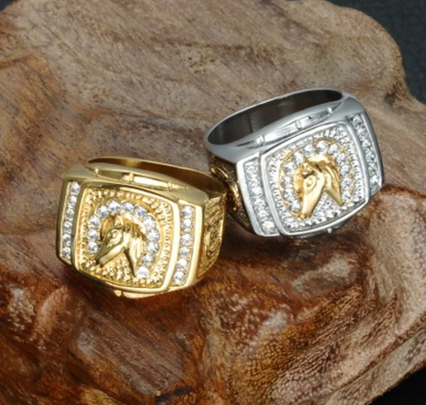 Zircon Inlaid Gold Plated Horse Ring for Men Jewelry