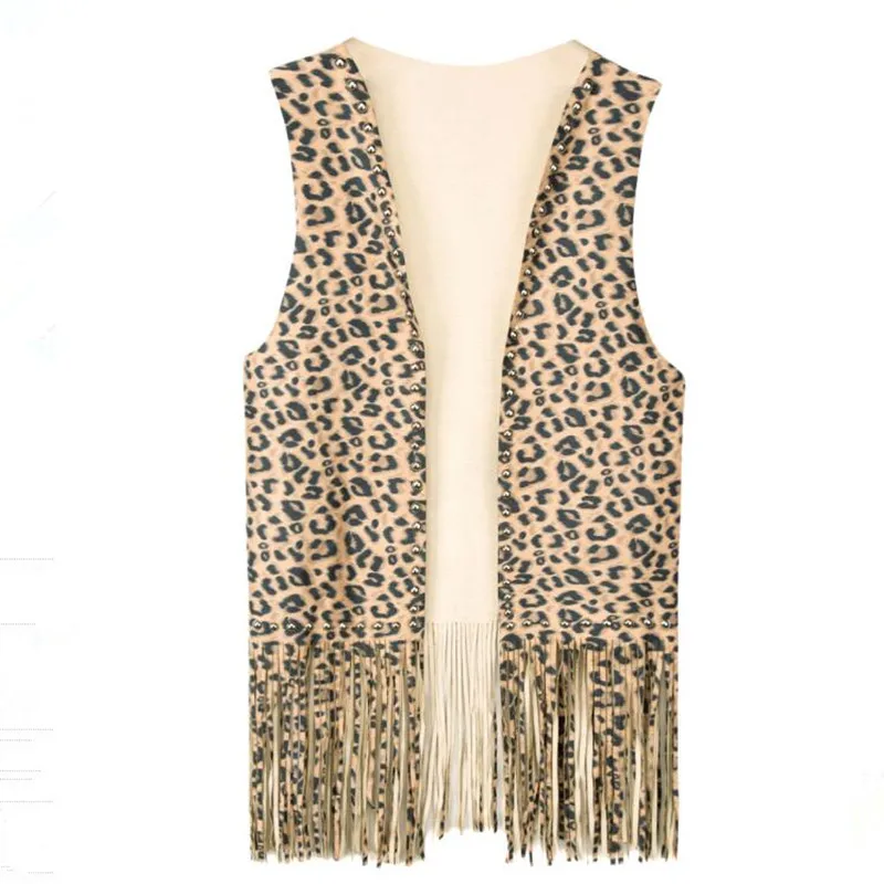 

Sleeveless Jacket Coat Vests Women Waistcoat Suede Rivet Leopard Tassel Boho Fashion Slim Long Vest Spring Autumn Outwear Gilet