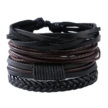 

Men European Cowhide Handmade Woven Braided Bracelet Set Leather Hand Strap Women Vintage Bangle Male Jewelry Accessories