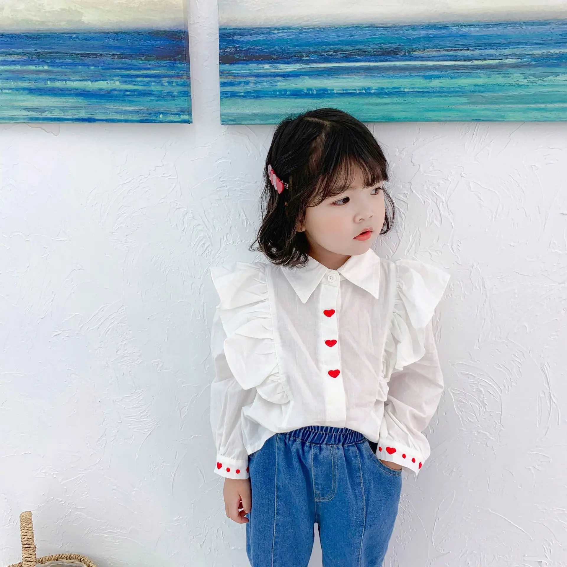 

Autumn New Children's Love Wood Ear Shirt Outer Coat Girls Blouses Kids Blouse White Fits True To Size, Take Your Normal Size