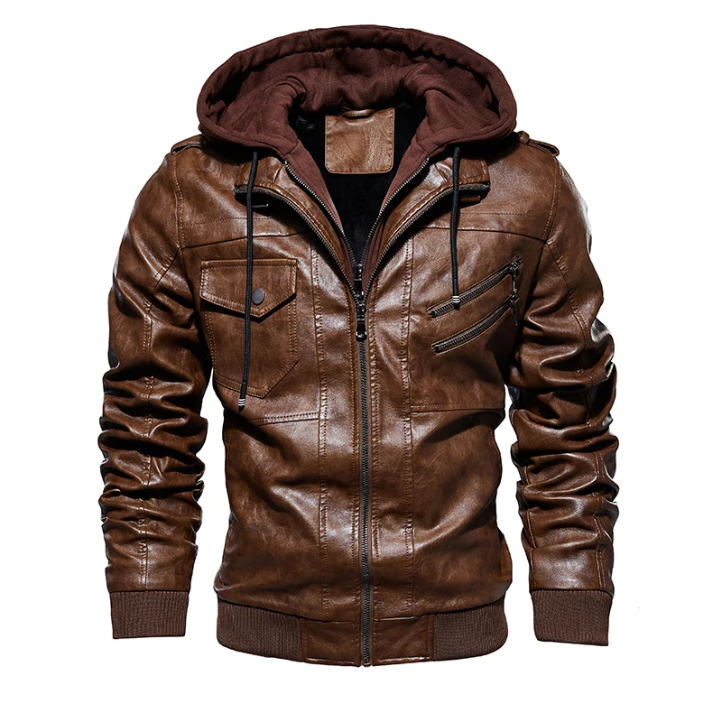 Men's Winter Warm Fleece Jackets and Coats Autumn Men Hat Detachable Leather Jackets Outwear Motorcycle Leather Jacket M-4XL