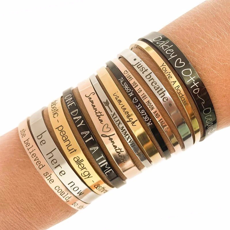 

PERSONALIZED CUFF BRACELET STAINLESS STEEL LASER ENGRAVED BILEKLIK MOTHER SISTER BOY GIFT BRACELETS UNISEX JEWELRY