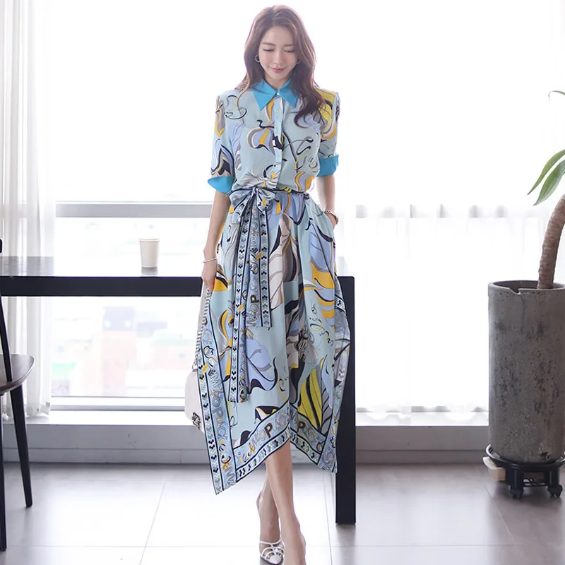 

2019 summer new Korean temperament color matching shirt collar waist tie printed irregular dress