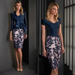 Navy Blue Mother Of The Bride Dresses Sheath V-neck Knee Length Appliques With Jacket Short Groom Mother Dresses For Wedding
