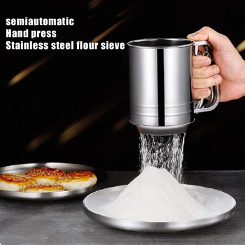 

Newly Stainless Steel Hand-held Flour Sifter with Handle Metal Squeezes Fine Mesh Sieve for Baking Kitchen CLA88