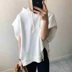 Plain branco com capuz hoodie francês manga curta senhoras moda casual solto simples pulôver estilo coreano verão outono roupas femininas