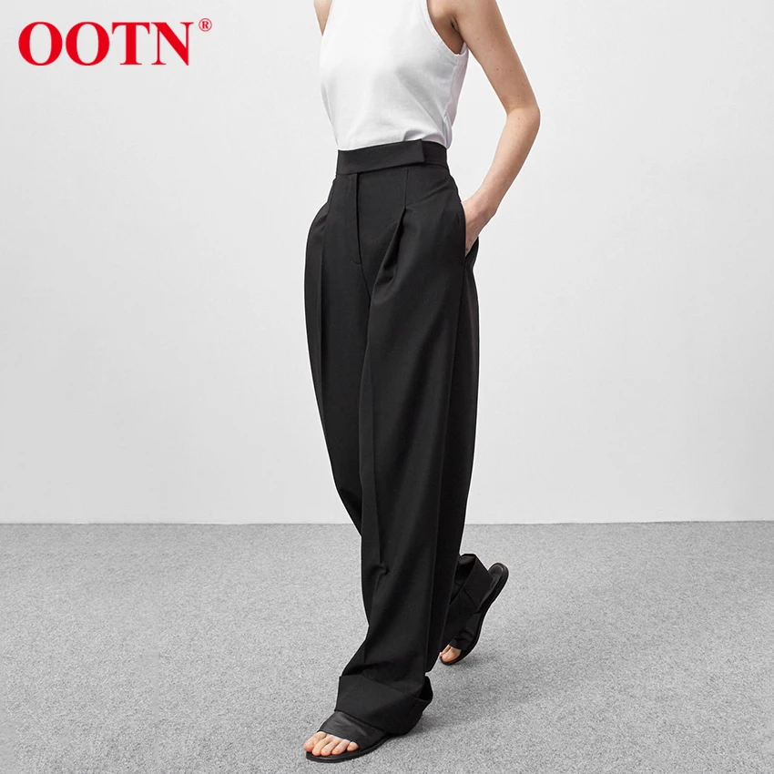 OOTN Black Pleated Palazzo Pants Women High Waist Casual Summer Trousers Work Wear Floor-Length Loose Office Ladies Pants 2021 1