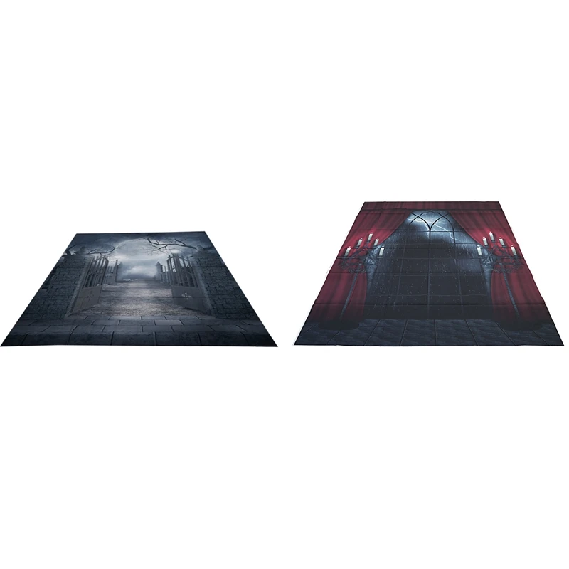 

2 Pcs Halloween Photography Background :1 Pcs Indoor 150X200Cm Red Curtain Studio Background, Horror Rainy Night & 1 Pcs Vinyl S