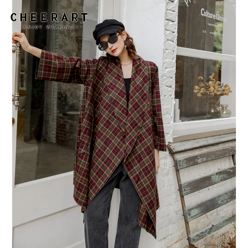 Женская накидка в клетку CHEERART винтажное шерстяное пальто коричневого цвета на