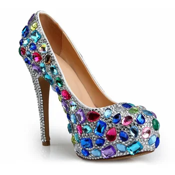 

Pink Blue Diamond Wedding Shoes Luxurious Engagement Party High Heels Bride Shoes Super High Heel Cinderella Prom Pumps