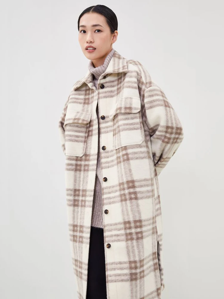 2020 Autumn Winter Plaid Long Wool Overcoat With Belt Women Fashion Lapel Collar Long Sleeve Loose Jacket Ladies Outerwear Coat womens parka coat Coats & Jackets