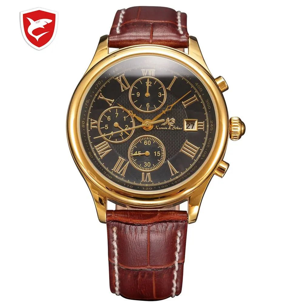 

IMPERIAL KS Retro Skeleton 6 Hands Golden Case Luxury Brand Day Month Display Brown Leather Strap Men's Mechanical Watch / KS146