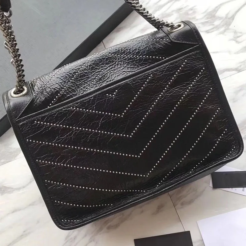 black leather rivets Роскошная кожаная сумка, Брендовая женская сумка на плечо высокого качества, кожаная Дизайнерская кожаная сумка Niki, сумка на цепочке - Цвет: black leather rivets