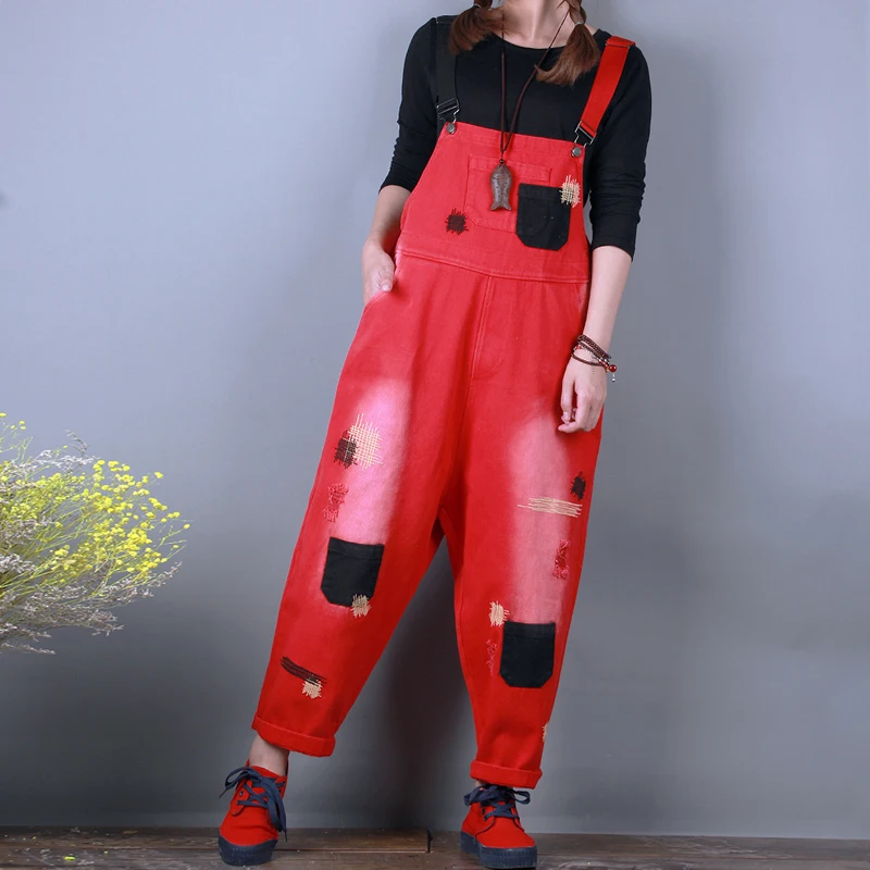 Denim Overalls Women Hole Ripped Jeans Jumpsuits Baggy Suspenders Cowboy Harem Pants Bodysuits Black/Red Bleached Rompers 2021 |