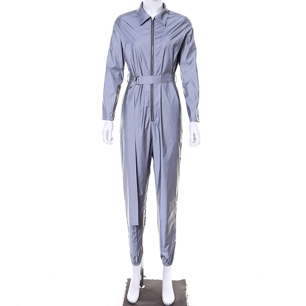 Cool Women Reflective Long Zipper Jumpsuit Rompers Outfits Belt Loose Long Sleeve Overalls Full Pants Jumpsuits Luminous Macacao