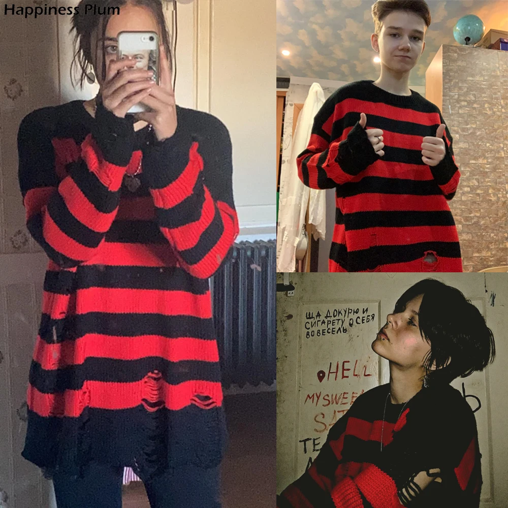 2021 new Red Black Stripe Sweaters Women Destroyed Ripped Sweater Men  Pullover Casual Knit Jumpers Unisex Oversized Long Sleeve